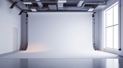 Poster - Empty modern minimalist photo production studio with white background. Background image. Created with Generative AI technology.