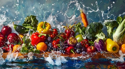 Fresh vegetables, fruits and water splashes on panoramic background. 