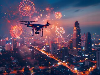 Sticker - Drone Capturing Vibrant Cityscape Fireworks Display at Night