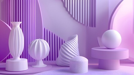 Wall Mural - 3d purple and white abstract geometrical shaped figures placed on purple background