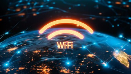 Poster - Global Wi-Fi Network Vision Featuring Wi-Fi 7 Emblem Above a Glowing Earth with Digital Lines and Urban Lights Depicting Connectivity