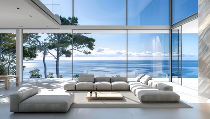 A large window overlooks the ocean, and a couch and coffee table are in the room