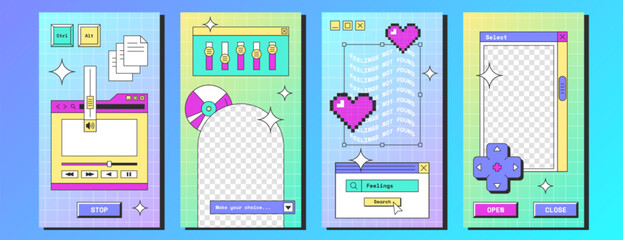 Fototapete - Y2k vaporwave social media posters with retro desktop computer interface with button, player, message frames. Story or post template with old pc screens with browser window, pixel heart, geek stickers