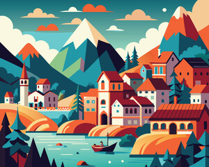 Small town overlooking river and mountains in the background Vector illustration