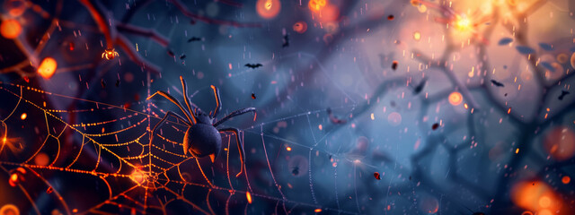 Halloween background with cobwebs as symbols of Halloween against the backdrop of a scary forest, glare and lights. Halloween horror concept.