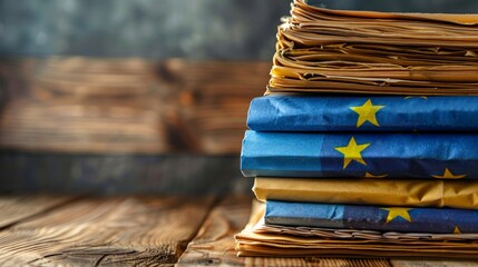 Poster - A stack of neatly organized documentation labeled AI regulation sits on a wooden table, prominently highlighting EU laws and policies focused on ensuring AI safety and ethical standards in technology