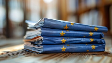 Poster - A stack of neatly organized documentation labeled AI regulation sits on a wooden table, prominently highlighting EU laws and policies focused on ensuring AI safety and ethical standards in technology
