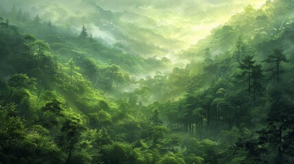  Digital artwork featuring a lush forest scene against a backdrop of verdant green wallpaper, immersing viewers in the tranquility of nature. 