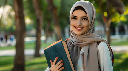 Wall Mural - Arabian women students holding books in park outdoors.