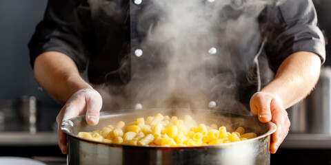 Wall Mural - Chef in black uniform holding a steaming pot of freshly cooked pasta in a kitchen setting..