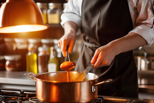 Chef in a warmly lit kitchen stirring a pot of steaming sauce, preparing a delicious meal..