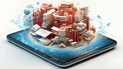 Wall Mural - A tablet displaying a miniature cityscape.