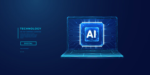 Wall Mural - AI chip on a laptop monitor. Abstract digital technology innovation background. Computer processor with circuit elements in light blue on tech bg. CPU semiconductor or microchip with glowing neon.