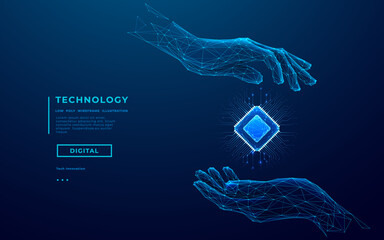 Wall Mural - Abstract digital hands holding 3D semiconductor AI chip hologram on technology blue background. AI microchip with circuit elements. Wireframe human hands holding light blue chip. Vector illustration. 