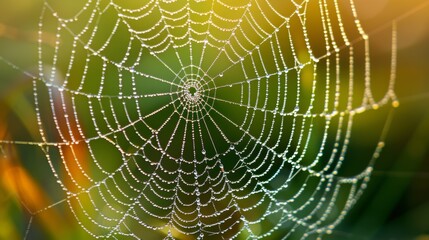 Wall Mural - A macro photograph of a spider web covered in dewdrops, highlighting the intricate texture and delicate structure.