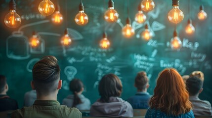 Poster - classroom of engaged students surrounded by floating light bulbs representing idea and learning