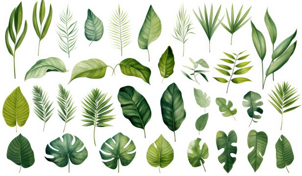 Various green leaves and tropical leaves on a white background or leaf shapes and textures