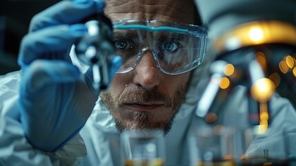 Wall Mural - Scientist wearing protective gear studying DNA samples under a microscope