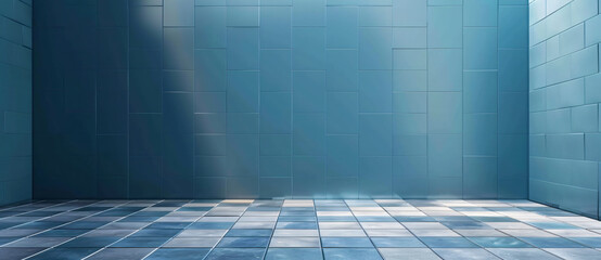 Poster - Blue empty wall with tile floor background vector presentation design mockup template, bright room light, copy space concept