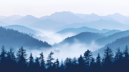 Mountains landscape with fog and forest. Background illustration generated by ai
