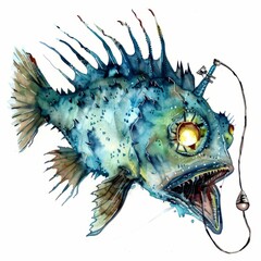 Wall Mural - Watercolor painting of a luminous anglerfish, with its bioluminescent lure dangling in the deep ocean, on isolated white background, Generative AI