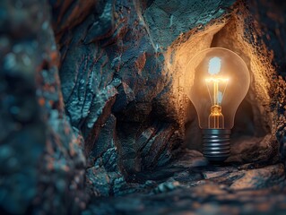 Poster - Light Bulb Illuminating Hidden Cave   Symbolizing the Discovery of Ideas in Obscure Places