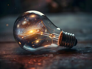Poster - Incandescent Idea   A Glowing Light Bulb Containing a Captivating Cosmic Galaxy  Symbolizing the Boundless Nature of Creativity and Innovation