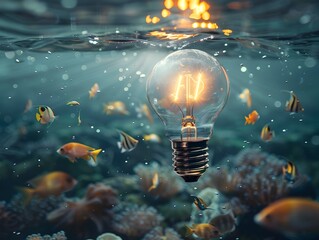 Poster - Glowing Light Bulb Underwater with Curious Fish Swimming Around Symbolizing Submerged Ideas Coming to Light