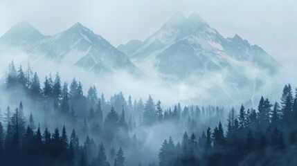 Wall Mural - Mountains landscape with fog and forest. Background illustration generated by ai