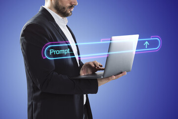 Aufkleber - Close up of male hand using laptop with glowing search engine bar on purple background. Search engine optimization concept.