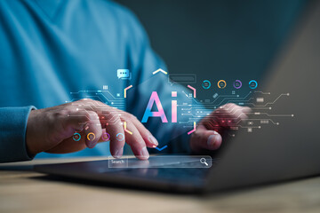 Fototapete - Ai tech, businessman show virtual graphic Global Internet connect Chat with AI, Artificial Intelligence. using command prompt for generates something, Futuristic technology transformation.