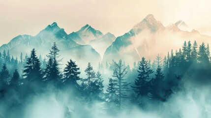 Wall Mural - Mountains landscape with fog and forest. Background illustration generated by ai