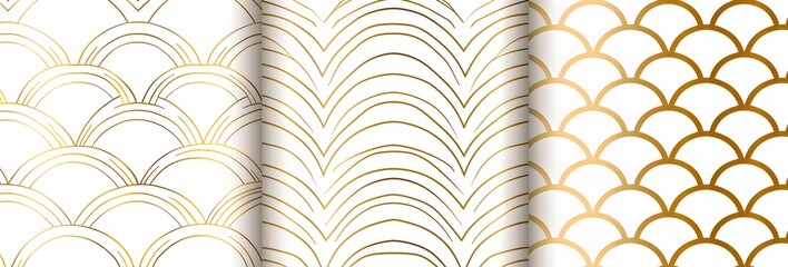 Wall Mural - Set of three seamless patterns in white, black and gold with minimalist line art designs of geometric shapes and lines
