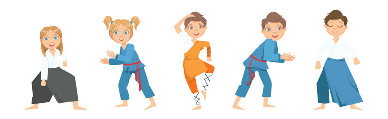 Poster - Boy and Girl Character Do Taekwondo or Judo Workout Vector Set