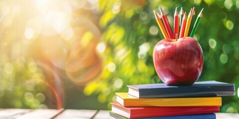 Wall Mural - A stack of books with a red apple on top