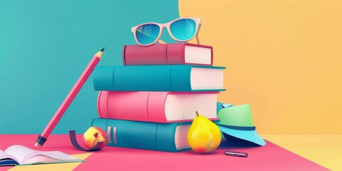 Wall Mural - A stack of books with a pencil and a pair of sunglasses on top