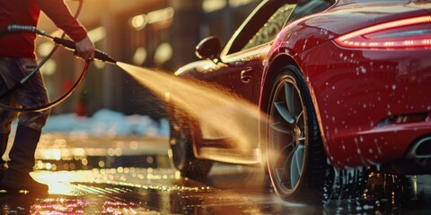 A man is washing a red car with a hose