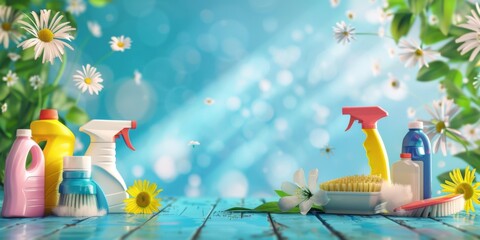 Wall Mural - A blue background with a bunch of cleaning supplies and flowers
