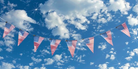 Wall Mural - A row of American flags are hanging in the sky