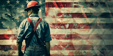 Wall Mural - A man in a hard hat stands in front of the American flag