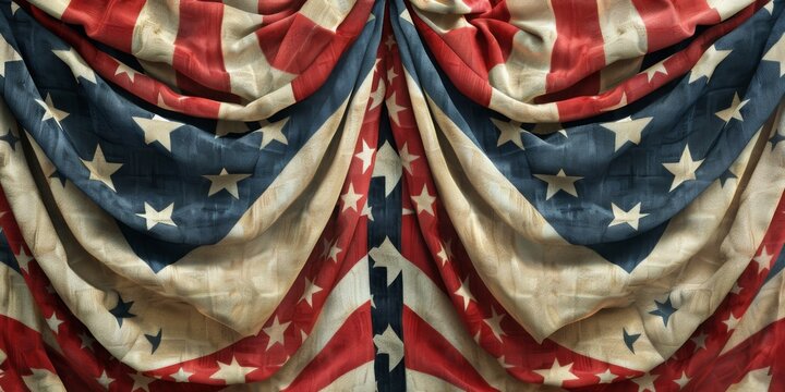 A flag with stars and stripes is draped over a curtain