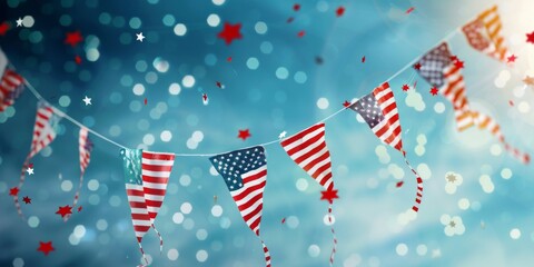 Wall Mural - A banner with American flags and stars is blowing in the wind