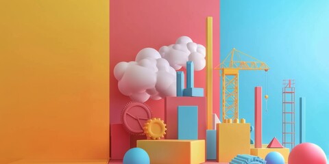 Wall Mural - A colorful background with a clock and a building in the foreground