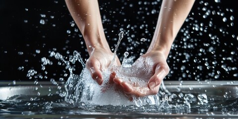 Wall Mural - A person is washing their hands in a sink with water splashing out