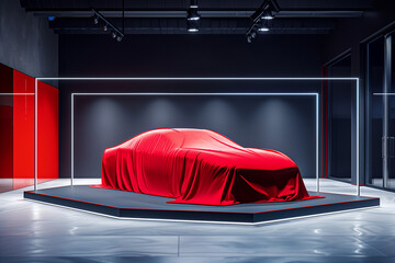 Unknown new mystery car presentation covered with cloth, sports car is hidden under fabric, stands in showroom