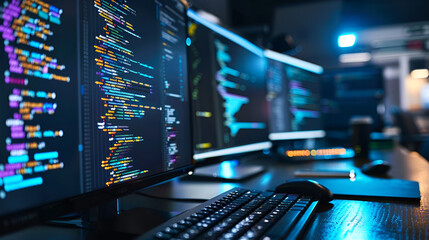 Computer screen with program code on it, Software development, programming and coding concept, Desktop computer with programming code on screen, Concept of software development, Programmer working 
