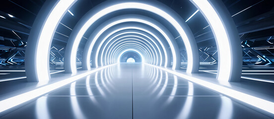 Wall Mural -  White background 3D room light abstract space technology tunnel stage floor. Empty white future 3D neon background studio futuristic corridor render modern interior silver road black wall design gray