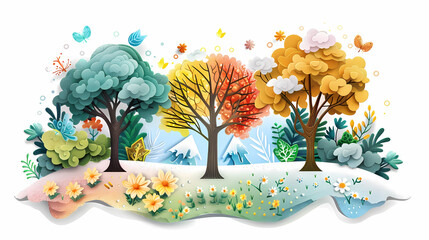 Four seasons tree isolated on white background, spring with flowers, green summer, yellow autumn, snow winter. Vector illustration. Paper cut cartoon style,