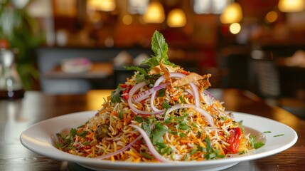 A tempting plate of Indian vegetable biryani, fragrant basmati rice cooked with mixed vegetables and aromatic spices