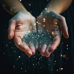 Wall Mural - Stardust and magic in woman hands on dark background